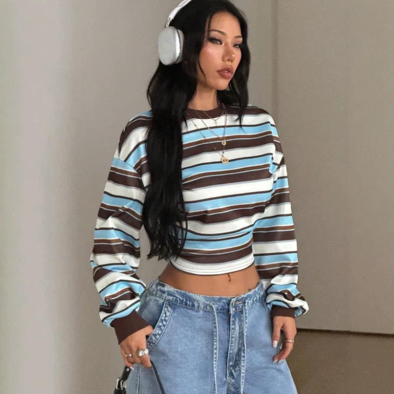 European and American cross-border 2026 autumn and winter new spicy girl style long-sleeve sweatshirt with brown, blue, and white stripes, round neck, cropped top European and American cross-border 2026 autumn and winter new spicy girl style long-sleeve sweatshirt with brown, blue, and white stripes, round neck, cropped top