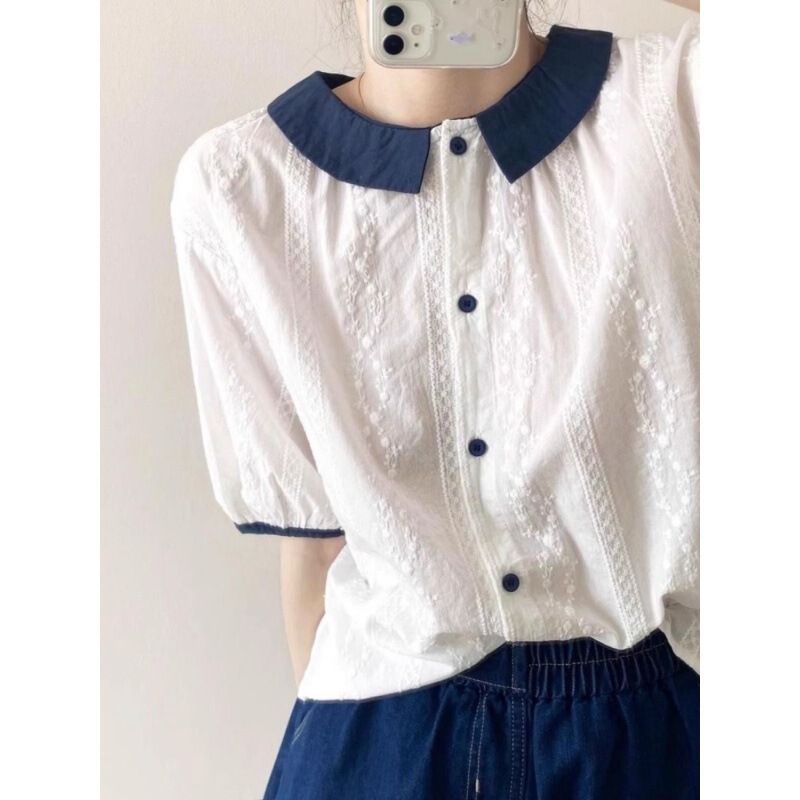 Baby Doll Collar Shirt Women's Short-Sleeved 2025 Summer New Fashion Small Lace Jacquard Shirt Slim Top Trendy