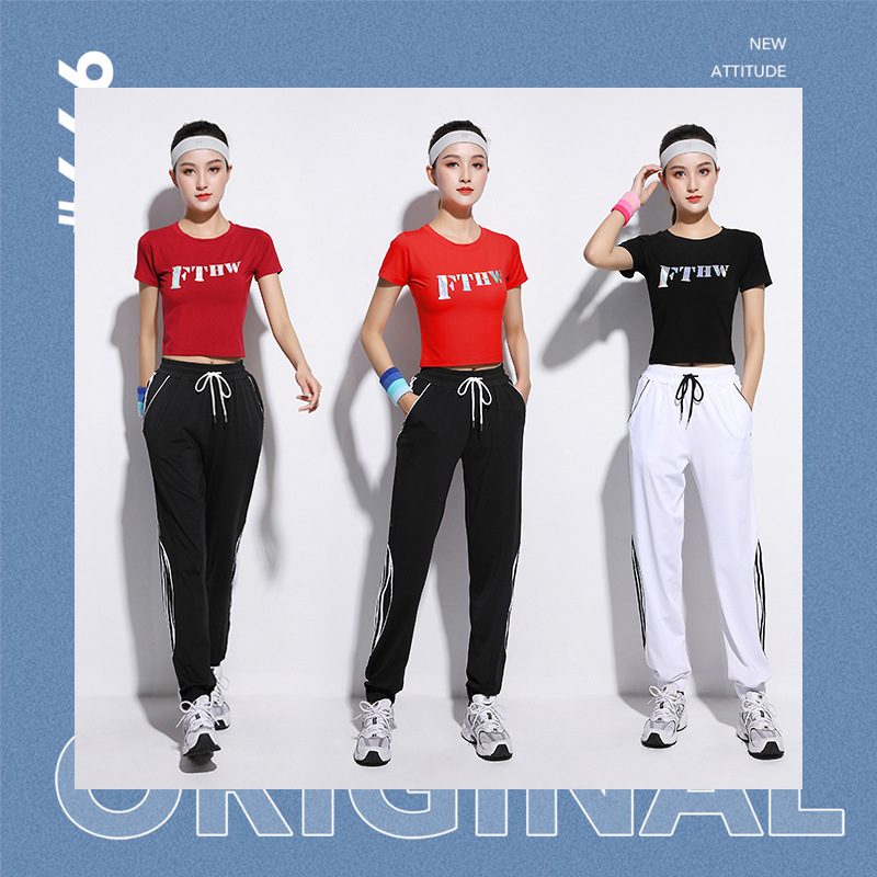 广场舞服装夏季健身操曳步舞蹈演出服印花短袖休闲裤新款运动套装