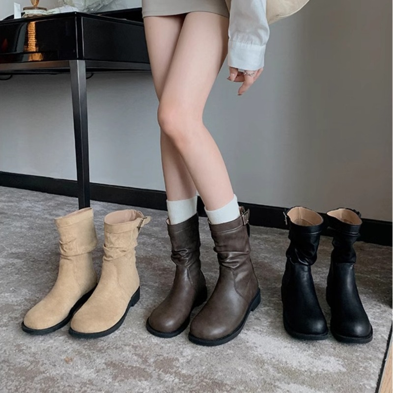 牛皮版~葡萄妈同款褶皱绒面马丁靴女粗跟真皮复古堆堆靴子小短靴|undefined