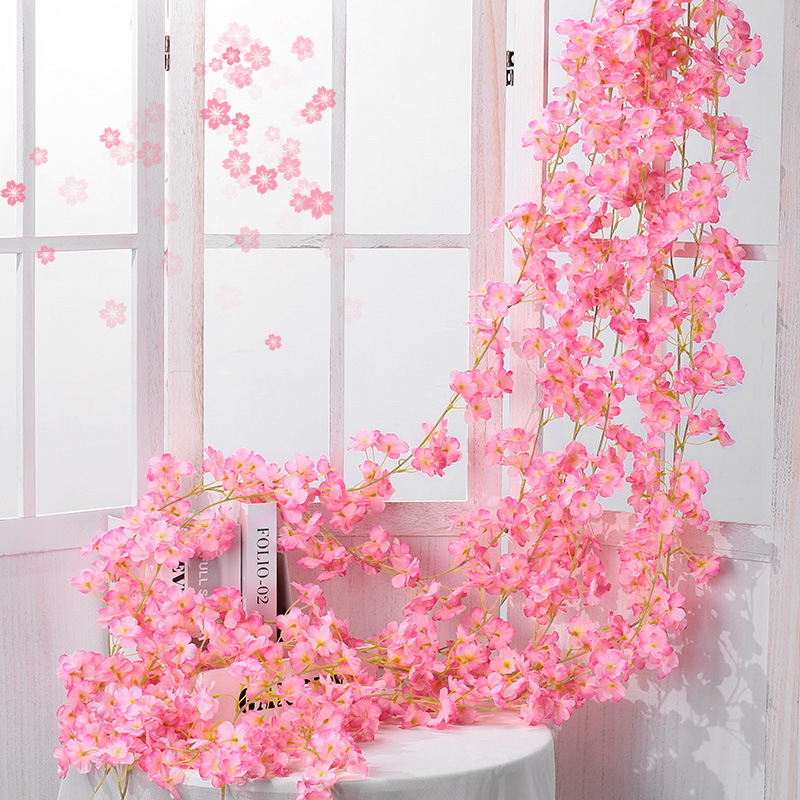 Artificial Cherry Blossom Vine Wrapped Around Air Conditioning Pipes, 135 Artificial Plastic Fake Flower Decorative Vine