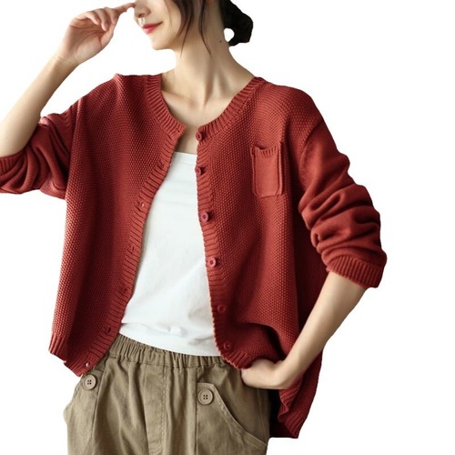 Art Deco Retro Cotton Knit Cardigan Loose Solid Color Pocket Spring and Autumn Women's Fashion Versatile Casual Outerwear Crew Neck