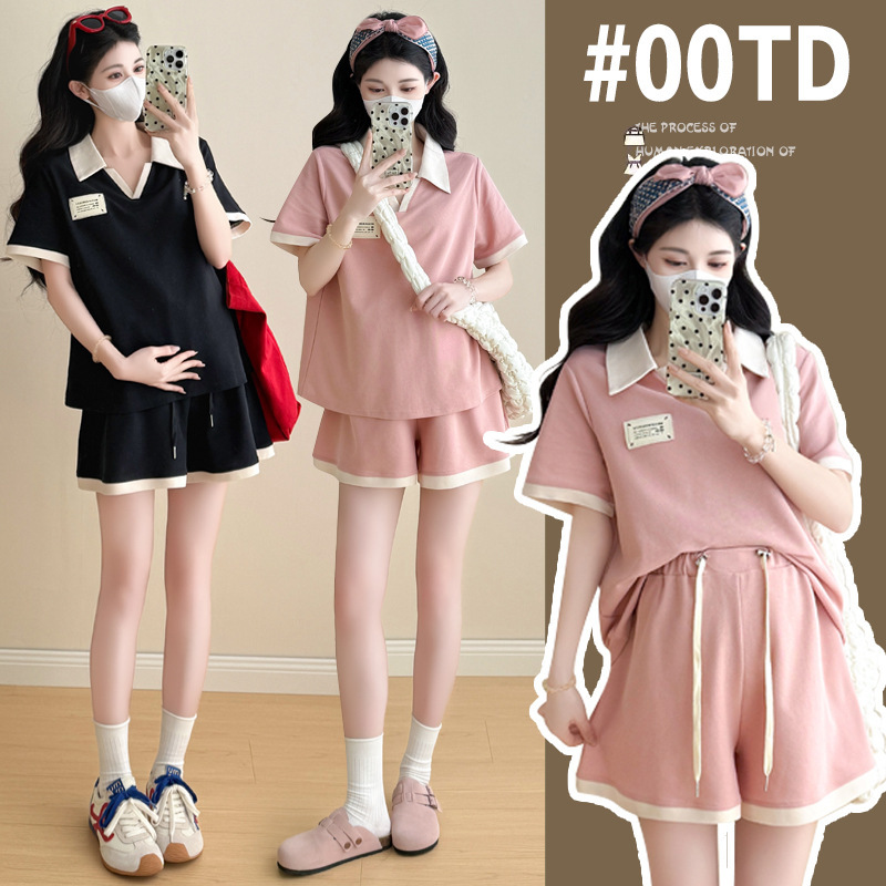Pregnant Women's Summer Dress suit Trendy Mom's New Fashion Polo Collar Top Shorts Two-piece Set Thin plus size Loose Western Style