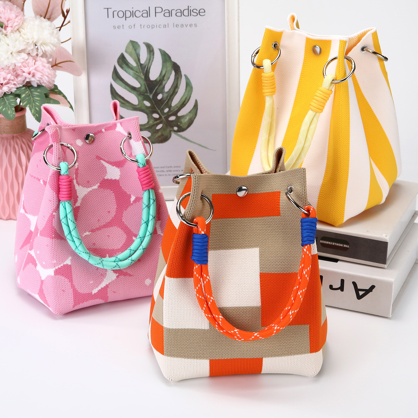 Cross-Border Ins Style Fashionable Knitted Handbag Exquisite Portable Casual Women's Bucket Bag Student Lunch Bag Baita