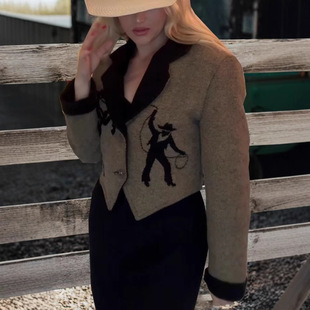 2024 European and American Women's AliExpress Cardigan Digital Printing Long Sleeve Suit Collar Small Suit Jacket