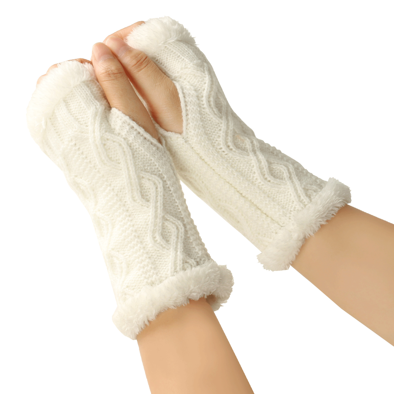 Plush And Thickened Gloves, Diamond Shaped Short Knitted Fingerless Plush Sleeves, Autumn And Winter Warm Plush Gloves_voghion.com