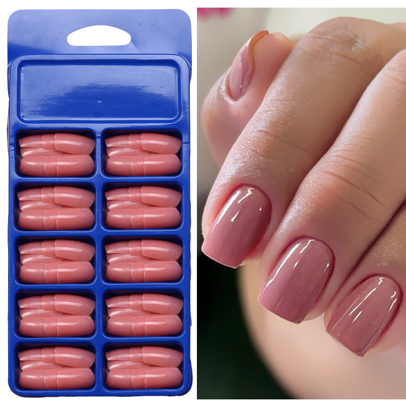 120 piezas de uñas falsas de color sólido desnudas cuadradas cortas desmontables de uñas en una caja azul