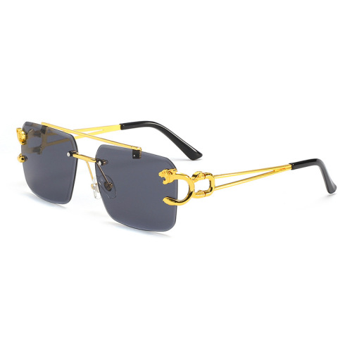 Unique Niche Double-Bridge Rimless Sunglasses with Diamond-Edge Design, Fashionable Retro Leopard-Head Decorative Sunglasses for Men and Women