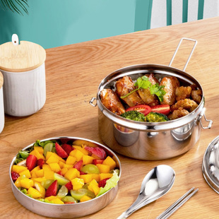 304 Steamed Lunch Box Food Grade Stainless Steel Round Lattice Student Double Lunch Box Canteen Meal Work Lunch Box
