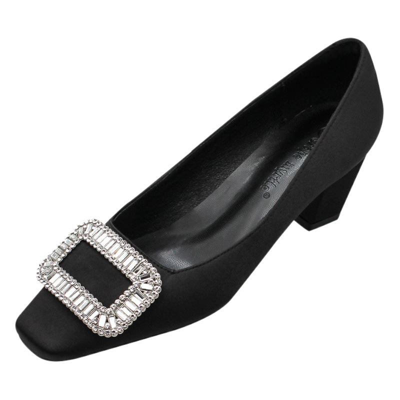 Hebilla cuadrada zapatos de tacón alto para mujeres 2024 primavera nuevo tacón grueso rhinestone corte bajo Mediados de tacón cuadrado dedo del pie zapatos individuales 8829
