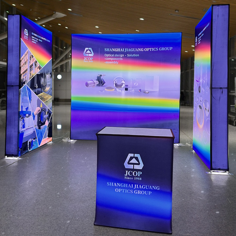 Espectáculo de pantalla rápida, caja de luz, estante de exhibición de red de tracción, diseño de exhibición de pared de fondo luminoso plegable LED de doble cara, construcción de exhibición