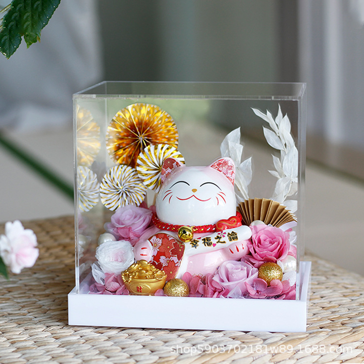 Flor de Víspera de Año Nuevo regalo de Año Nuevo de cerámica fortuna gato caja de regalo de acrílico Rosa flor seca Yunnan flor eterna producto terminado