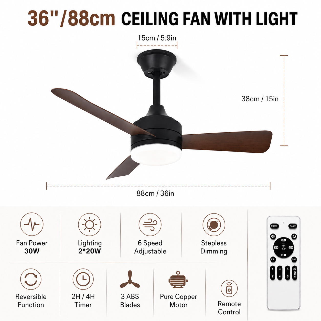 Ventilador de Techo con Luz de PC y ABS con Control Remoto para Dormitorio y Restaurante