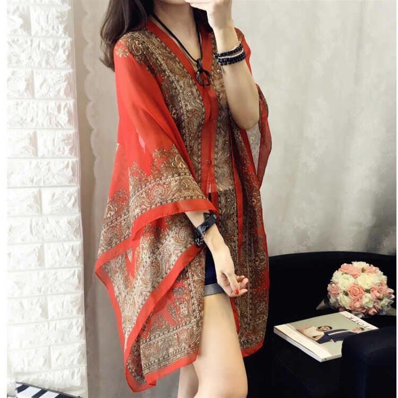エスニックスタイルショール日焼け止め服女性のための夏の薄いマントシフォンシャツプリントスカーフレトロスタイル|undefined