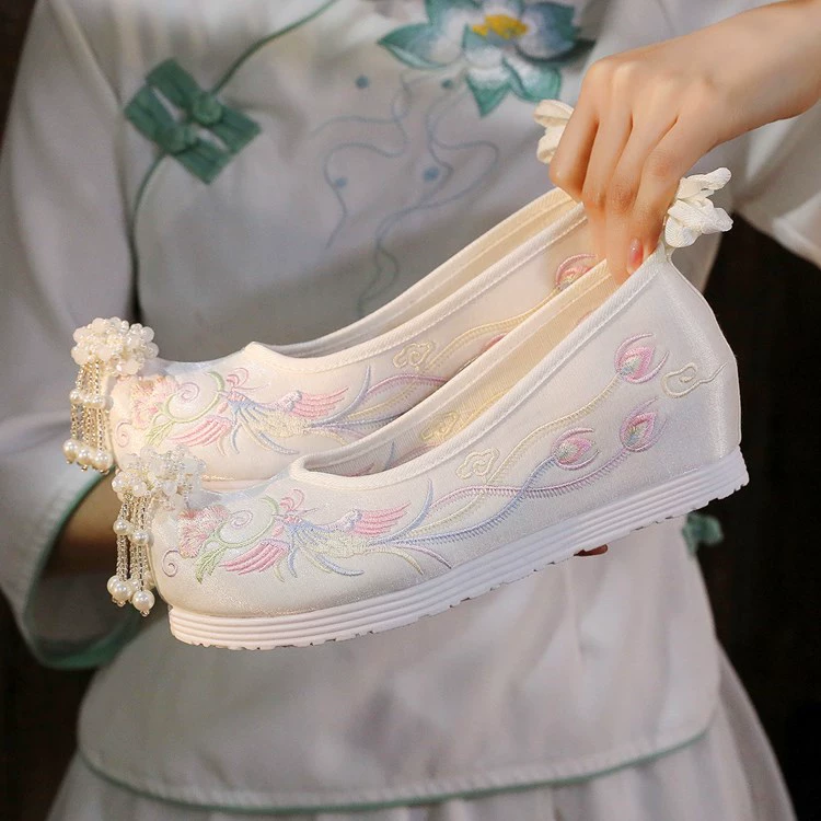 Туфли династии Хань 4 см с внутренним усилением Феникса, туфли с отвернутым носком древнего костюма, туфли с вышивкой в этническом стиле, студенческие танцевальные туфли, женские туфли с бантом