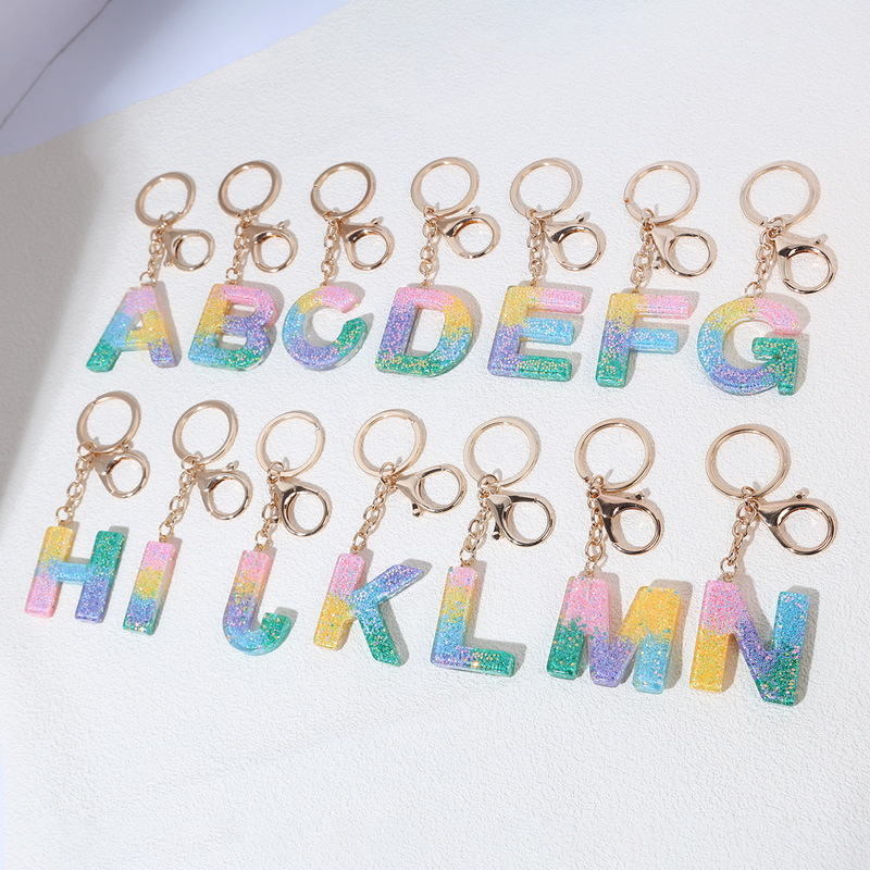 Resin Rainbow Color English Letter Tassel Keychain Creative High Sense Crystal Glue Pendant Jewelry Pendant