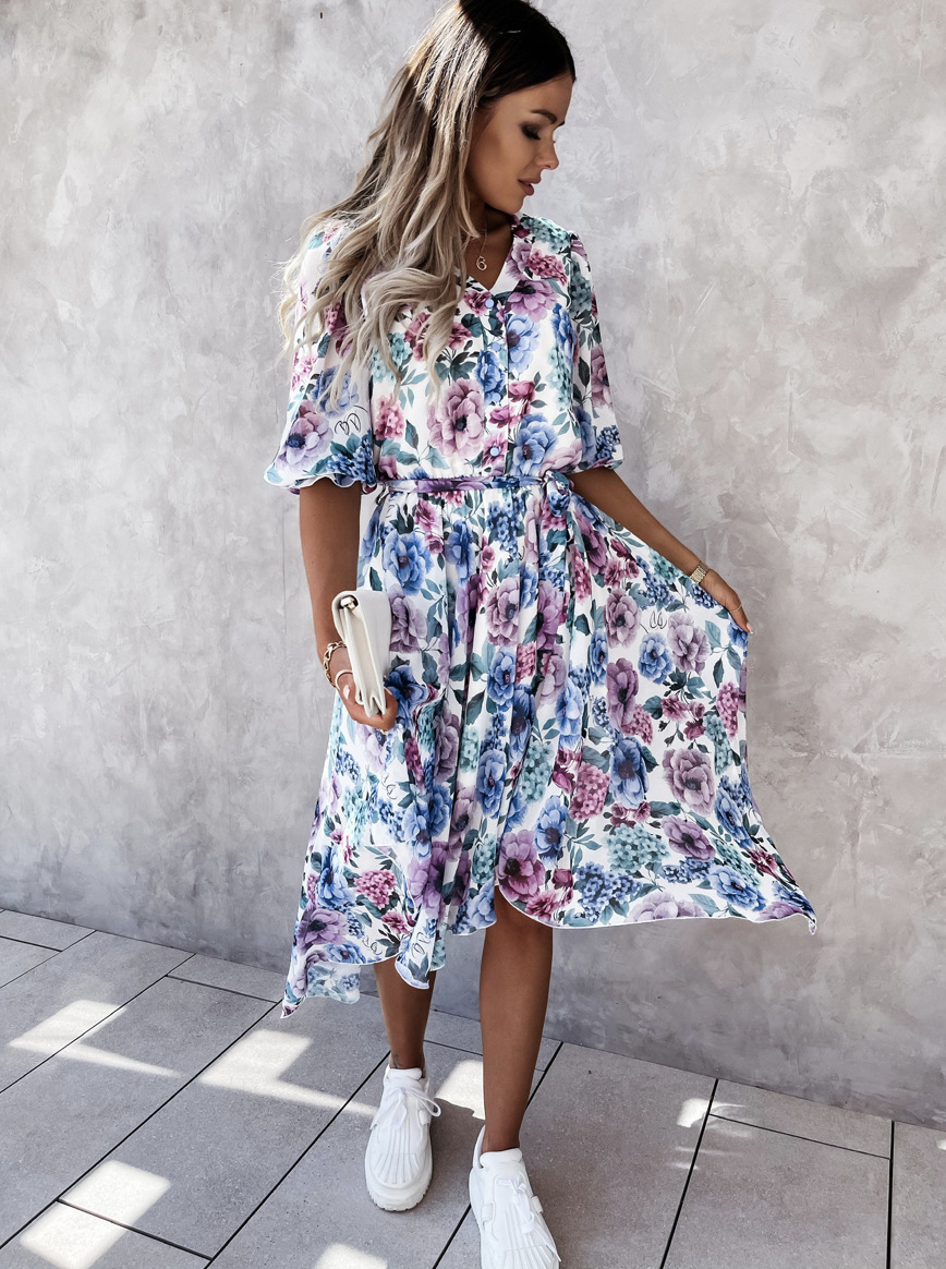 V-neck waist belt printing big swing dress NSYD50936