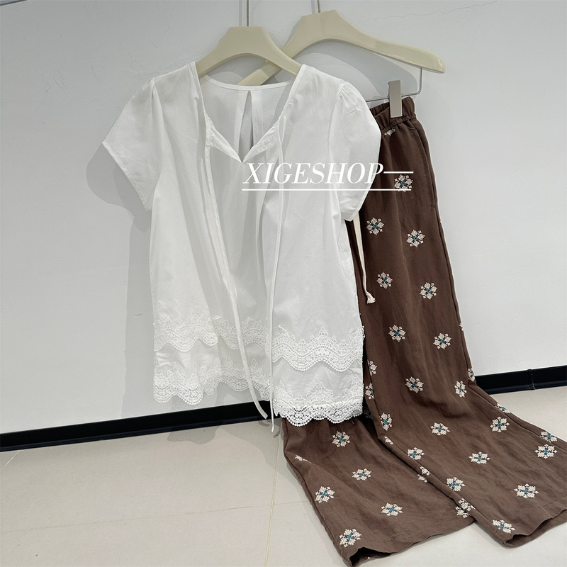 French Double-Layer Wavy Embroidered Lace Babydoll Shirt for Women Summer New Loose Cotton Lace-Up Short-Sleeved Pullover Shirt