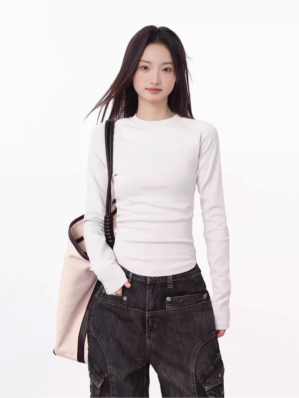 白色圆领短款内搭打底衫女秋冬季高级感修身正肩长袖t恤收腰上衣|undefined