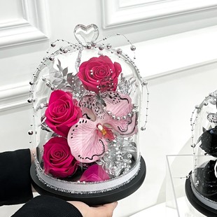 Cross-border Hot Sale Eternal Flower silver Love Rose Dried Flower Glass Cover for Girlfriend Creative Birthday Gift Wholesale