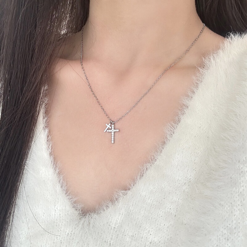跨境饰品不锈钢双十字架吊坠项链女轻奢高级感时尚钛钢百搭锁骨链|undefined