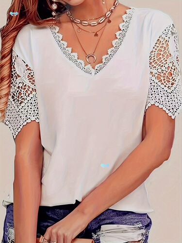 Plus Size Women's Solid Color Contrasting Lace Casual Neckline