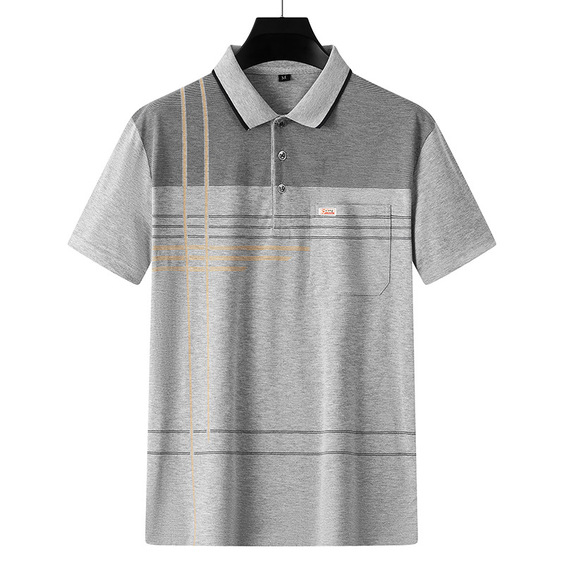 De mediana edad impreso Polo camisa de manga corta de los hombres de solapa papá verano camiseta a rayas de algodón mercerizado camiseta ropa de los hombres al por mayor