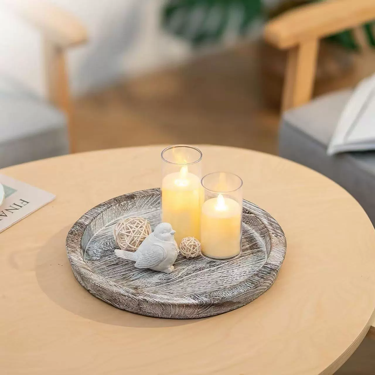 Деревянный круглый поднос, поднос для хранения в стиле ретро, ​​поднос для торта, закусок, настольный декоративный поднос, поднос для украшения ароматической свечи