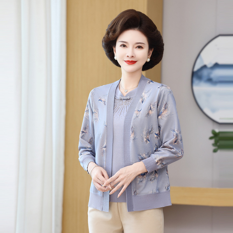 ママの洋風ニットボトムシャツ、中年女性の春の新作、中高年の春秋の新作中国風トップスツーピーススーツ|undefined
