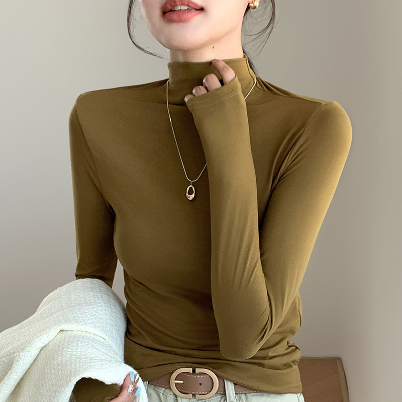 Camiseta legging de cuello medio alto para mujeres 2024 otoño y invierno nuevo ajustado interior con camiseta de manga larga delgada y delgada chaqueta de aire extranjero image 1