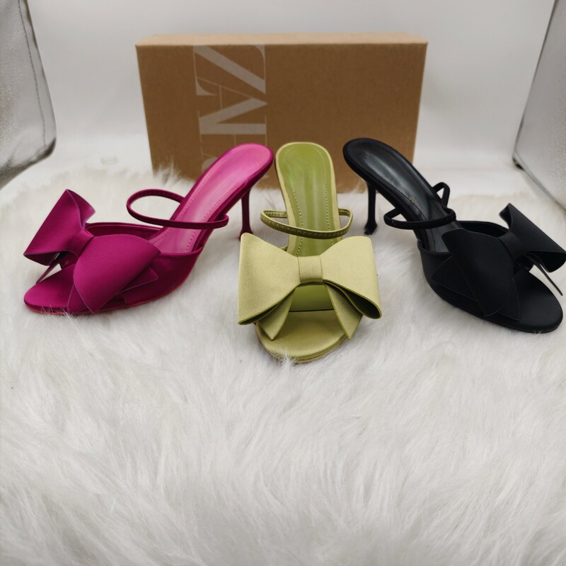 Za2026 Spring New Women's High-Heeled Shoes, Satin Texture, Bow-Decorated Mules, Elegant Sandals, Women's Stiletto Heels Za2026 Spring New Women's High-Heeled Shoes, Satin Texture, Bow-Decorated Mules, Elegant Sandals, Women's Stiletto Heels