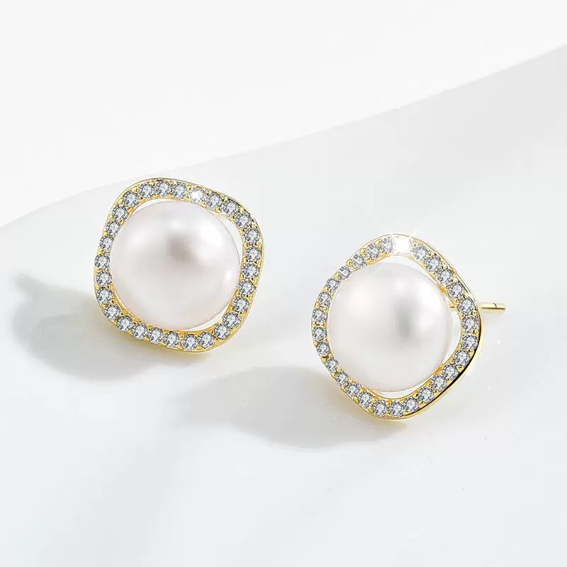 高级感s925纯银耳针铜微镶锆石方形天然淡水珍珠耳钉耳饰女批发