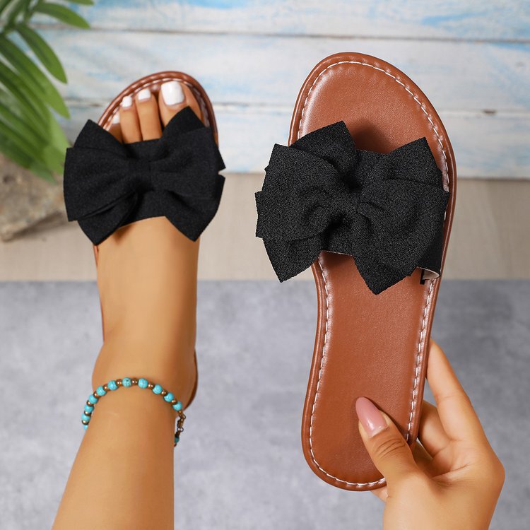 New Summer Style Women's Sandals with Large Bow Decoration, Flat Non-Slip Casual Outdoor Brown Fashion Slippers