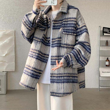 条纹毛呢外套男秋冬款小香风感痞帅潮牌宽松工装格子夹克冬季