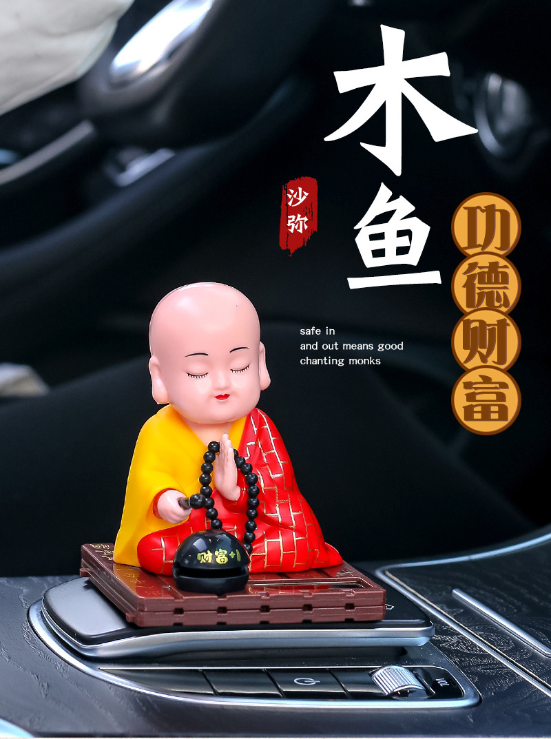 Car Ornaments, Monk Car Ornaments, Solar Automatic Nodding, Knocking Wooden Fish, Car Decompression Dolls