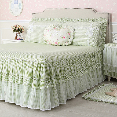 Exquisite cotton skirted bed sheet single piece bed skirt lace green cotton bedspread three-piece bed cover princess