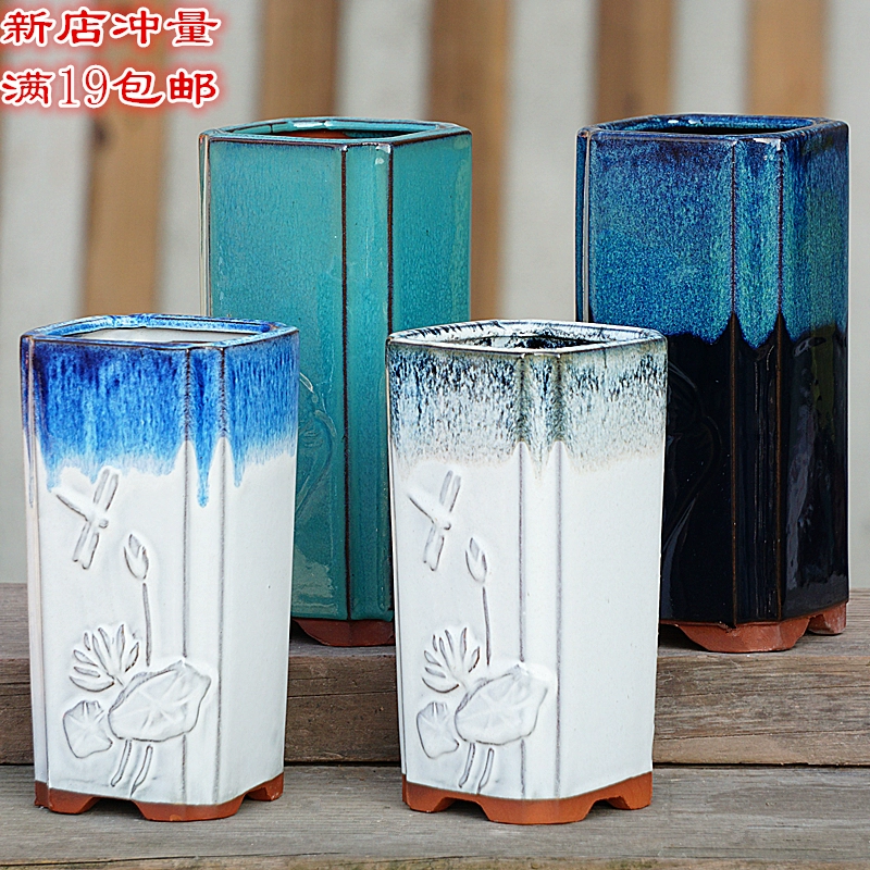 Мясо цветочный горшок квадратный разрез маг старый свай скалы квадратный горшок большой керамический зеленый высаживаемый ретро грубый глиняный дышащий горшок