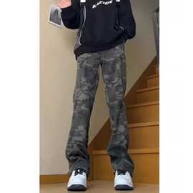 美式复古迷彩牛仔裤男款秋冬季军装伐木裤子潮牌显瘦直筒工装裤