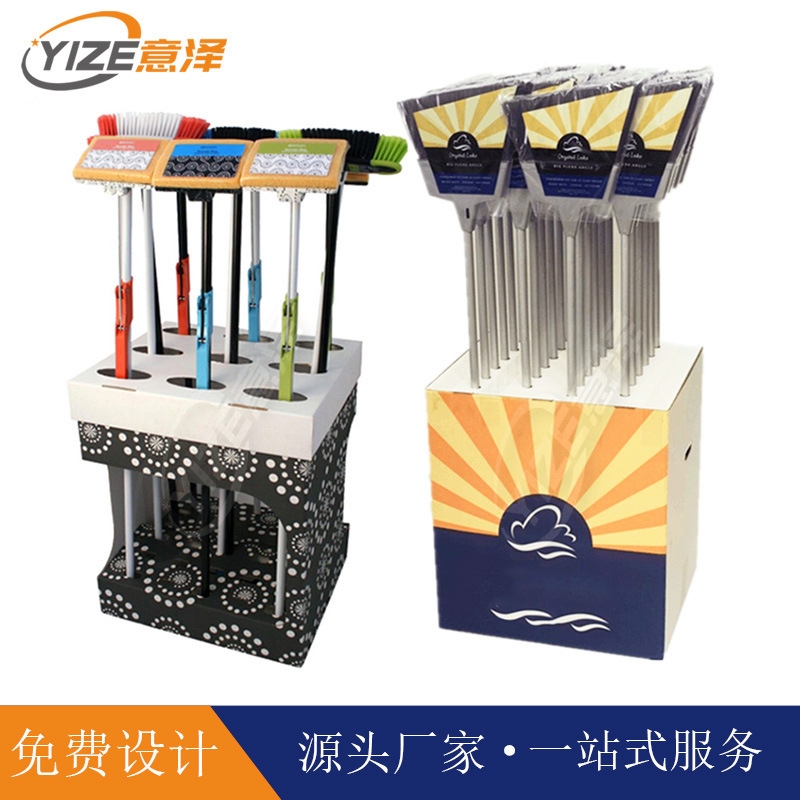 Supermarket Promotional Corrugated Paper Mop Broom Display Rack Vacuum Cleaner Cleaning Utensils Display Stack Display Shelf