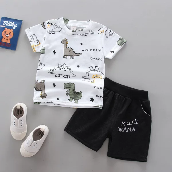 Cartoon dinosaur print children's suit boys round neck T-shirt short sleeve shorts summer wear 2021 baby casual fashion