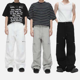 MTLCLOTHES男装|美式高街褶皱拼接拉链抽绳纯棉工装休闲长裤百搭