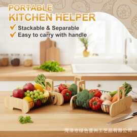 跨境木质可堆叠水果篮厨房收纳三层果蔬带手柄桌面收纳盒收纳架