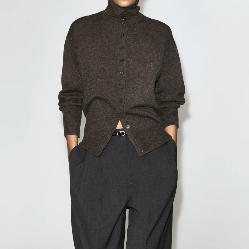 Original foreign trade women's C+ Nordic style high-collar knitted cardigan in two colors, textured sweater with simple design