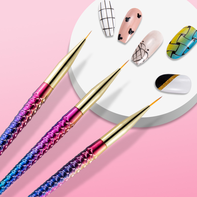 3支套装美甲笔刷 美人鱼渐变笔杆拉线笔彩绘笔画线勾花 美甲工具