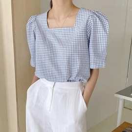 韩国夏季复古法式方领泡泡袖格子上衣褶皱宽松短袖衬衫女