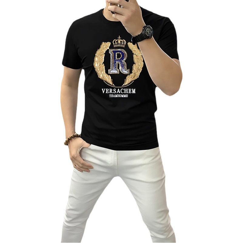 2023 nueva camiseta de manga corta de verano de los hombres de lentejuelas bordadas camisa de cuello redondo en la acción de entrega directa de fábrica superior delgada