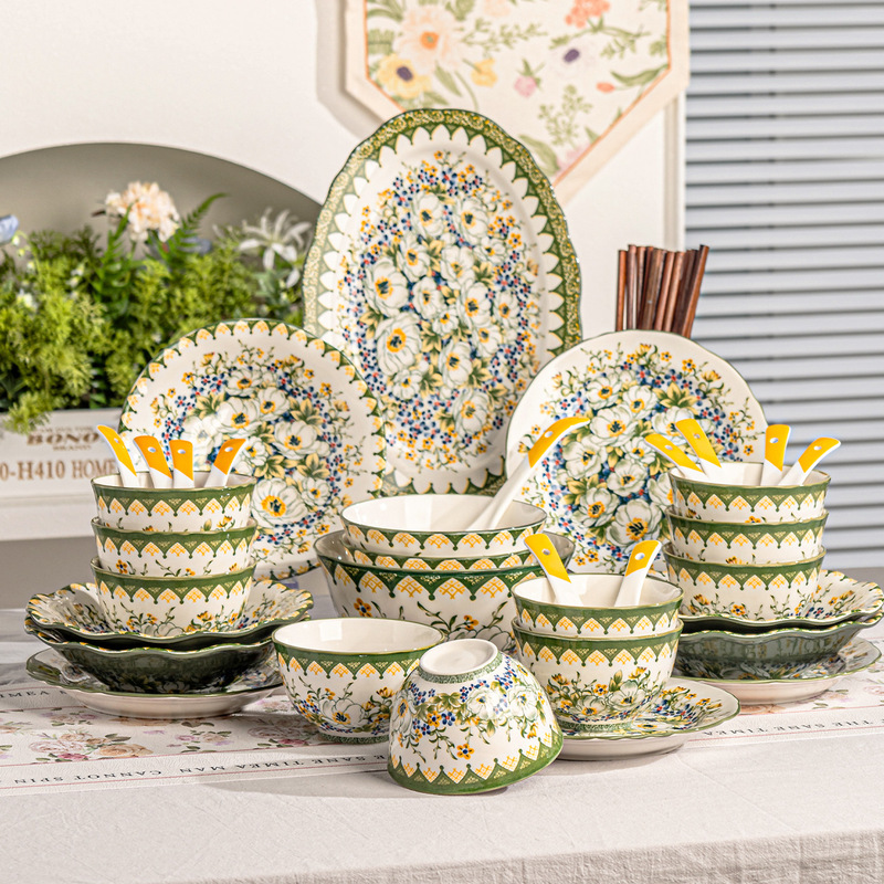 Polish Jasmine ceramic dish set for home use, fresh cream-colored ceramic bowls, chopsticks, and plates