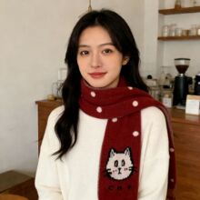 哈喽kitty针织围巾可爱小猫刺绣百搭针织围脖披肩女冬季保暖加厚