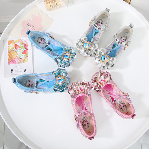 Frozen Girls Princess Shoes  New Sequin Bow Elsa Princess Women's Shoes Buckle Flat Shoes Trendy