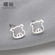 嘻咕E0217 S925银耳钉女韩版小清新镂空小猪可爱本命年动物耳饰